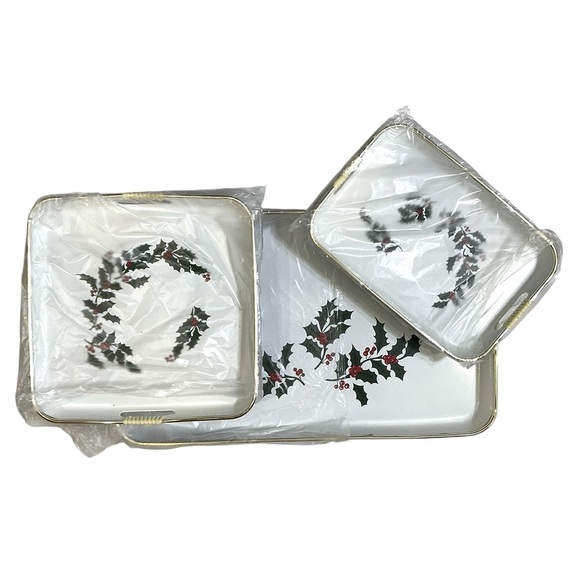 Vintage Lacquerware Nesting Serving Tray 3 Piece Set Christmas White Japan 1989 - Picture 5 of 16